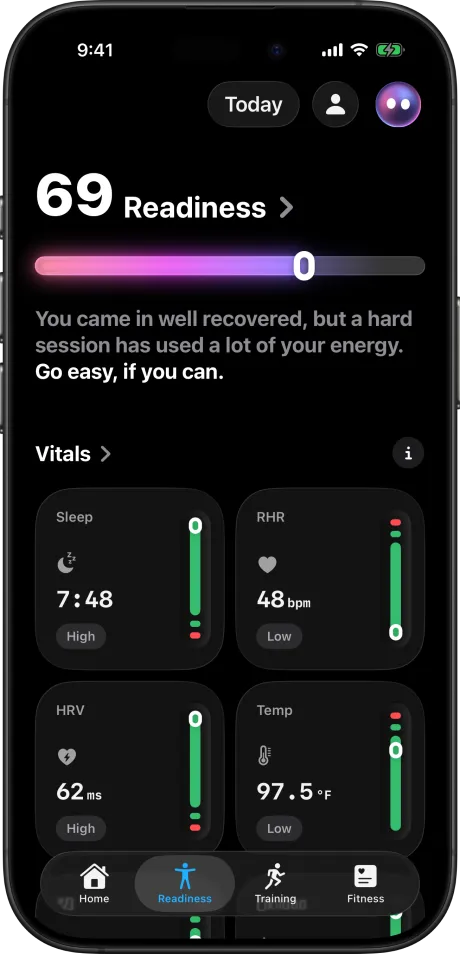 Readiness: today's score and the overnight vitals behind it