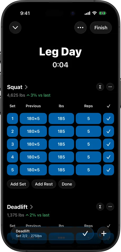 A strength workout in progress, set by set