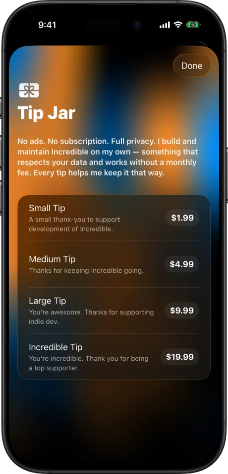 The Tip Jar. The only money in the app.