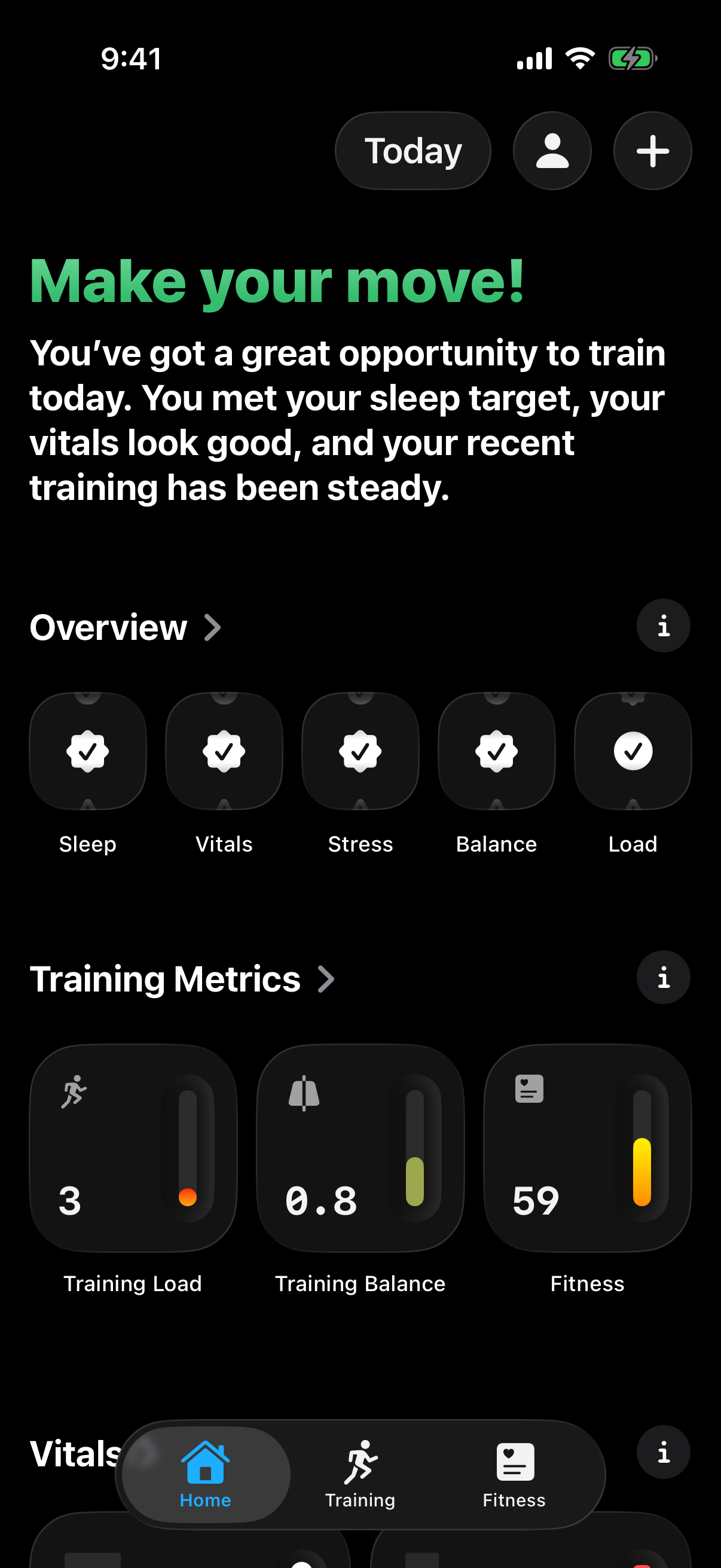 Incredible app home screen showing sleep, vitals, Training Load, Training Balance, and Fitness on iPhone