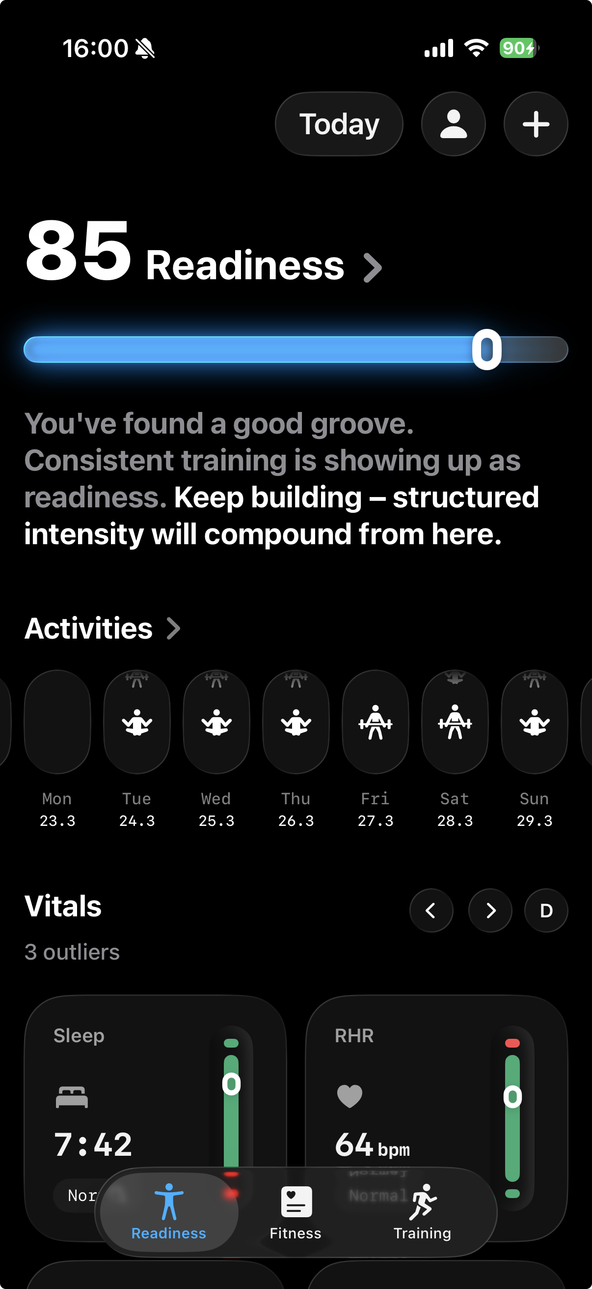 App Incredible mostrando puntuacion diaria de disponibilidad, HRV, analisis de sueno y carga de entrenamiento en iPhone